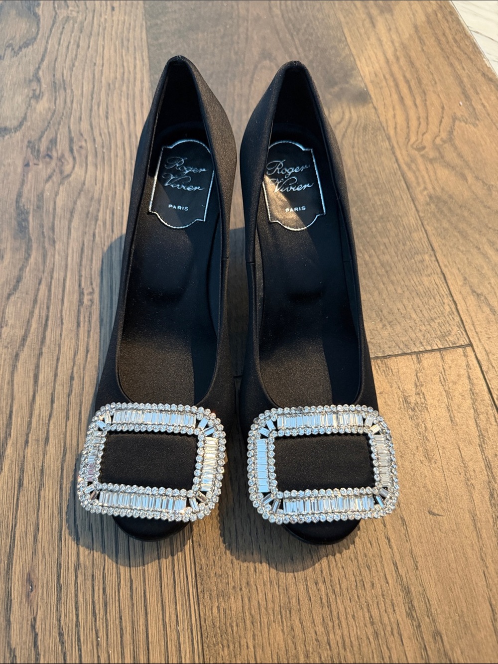 RV Black Satin Crystal Buckle Pumps